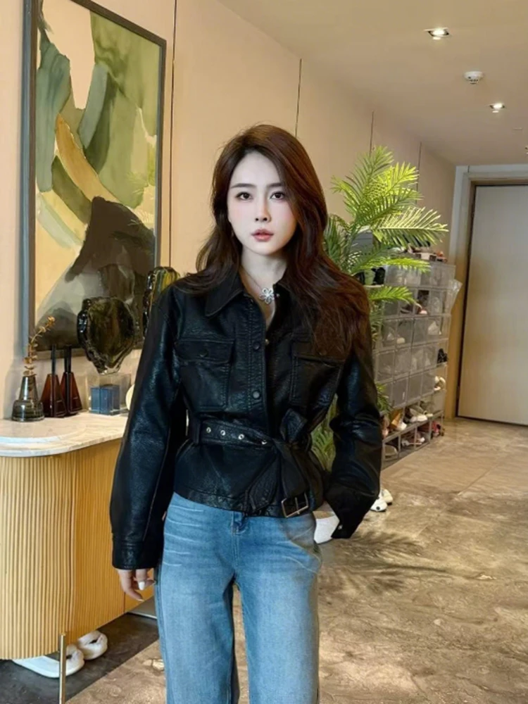 

Ретро-куртка из кожи в корейском стиле для женщин: уникальный дизайн, свободный крой, модная простая верхняя одежда, весна 2025, для повседневной носки