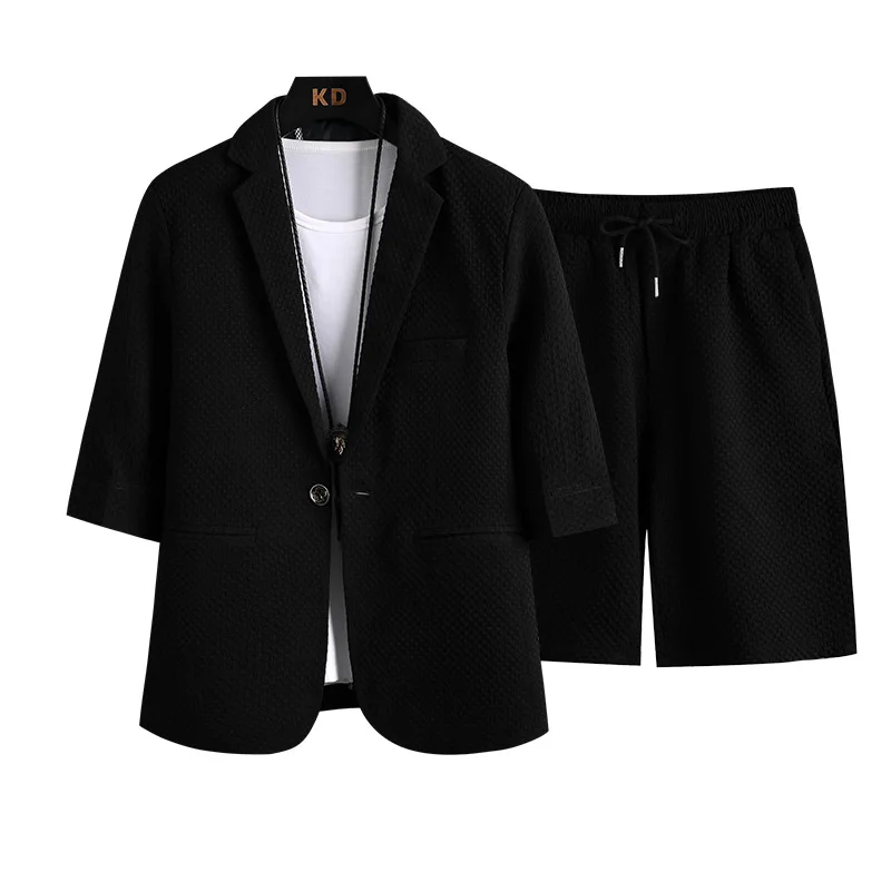 Men Blazers Two piece Sets Spring Summer Pleated Solid Shorts Sleeve Shirts Drawstring Shorts Suits Thin Casual Outfits