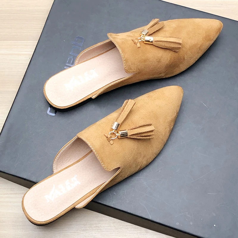 2022 Suede Flat Bottomed Half Slippers Female Mules Sandals Without Heels Velvet Tassel Muller Large Size 33-43 Women\'s Shoes