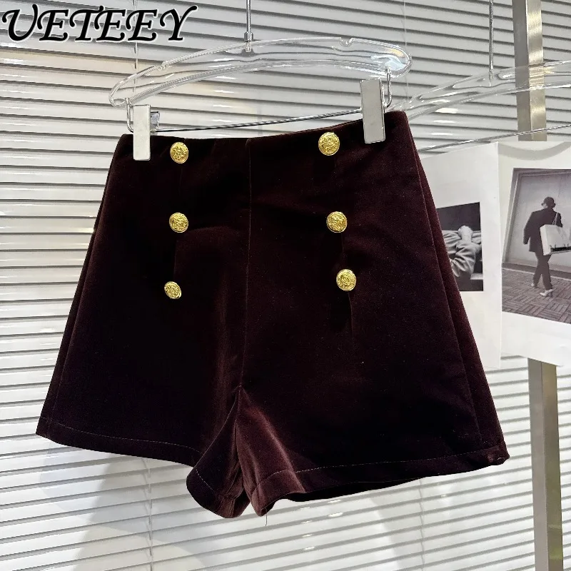 Short trois-quarts en tissu velours pour femme, pantalon court de luxe, Double rangée, boucle en métal, botte taille haute, nouvelle collection automne