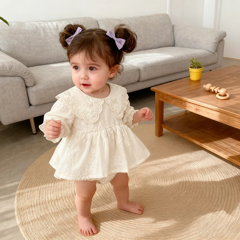 جديد ربيع 2026 بدلة رومبير للأطفال البنات بأكمام طويلة من القطن للأطفال الرضع 0-24 متر ملابس حلوة مطرزة للأطفال #2
