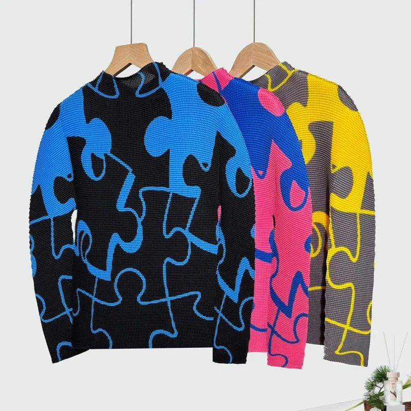 

Женский плиссированный базовый слой с длинными рукавами Miyake, стильная пригородная одежда с принтом, универсальная эластичная футболка, блузка без морщин