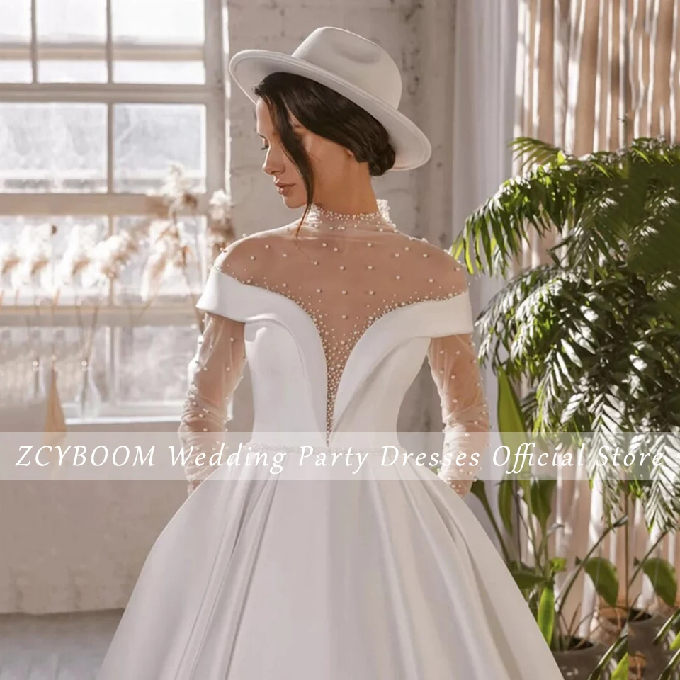 Elegant White High-Neck Pearls Long Sleeves Wedding Dress 2025 Ball Gown Floor Length Sweep Train Stain Zipper Bridal Gown