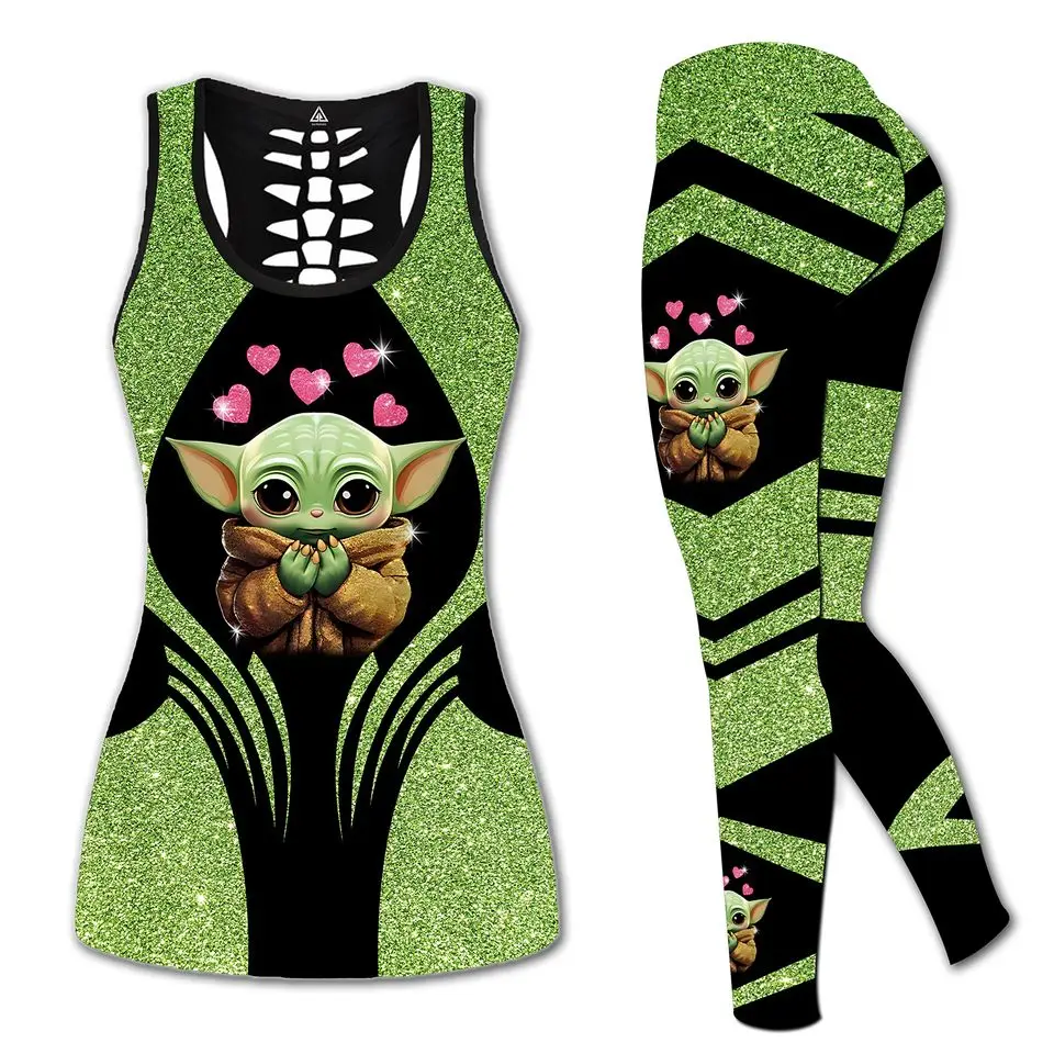 Disney Baby Yoda Women\'s Hollow Vest + Women\'s Leggings Yoga Suit Fitness Leggings Sports Suit Disney Tank Top Legging Set