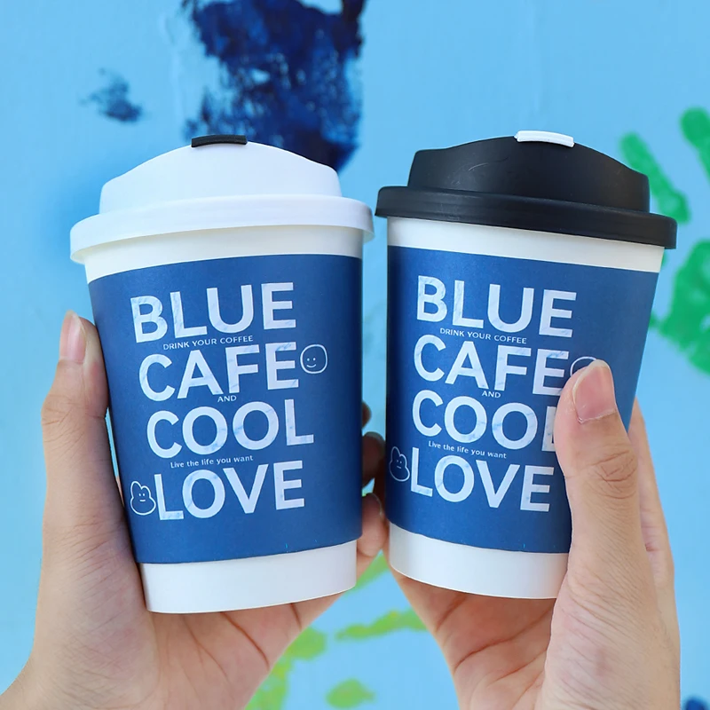 25pcs Disposable blue coffee cup takeaway pacakging cups 12oz 400ml party birthday milk tea hot drink paper cups with lids