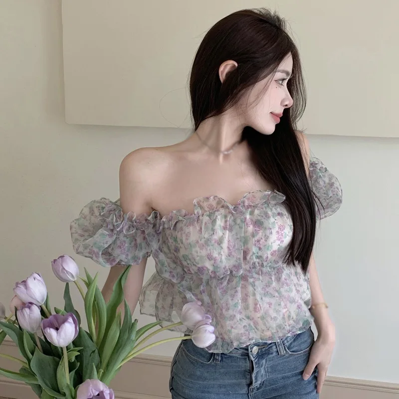 Women\'s Off Shoulder Blouse Ruffle Hem Sexy Bodycon Flower Print Sweet Summer Outfit Elegant Spring Summer Chiffon Shirt Top