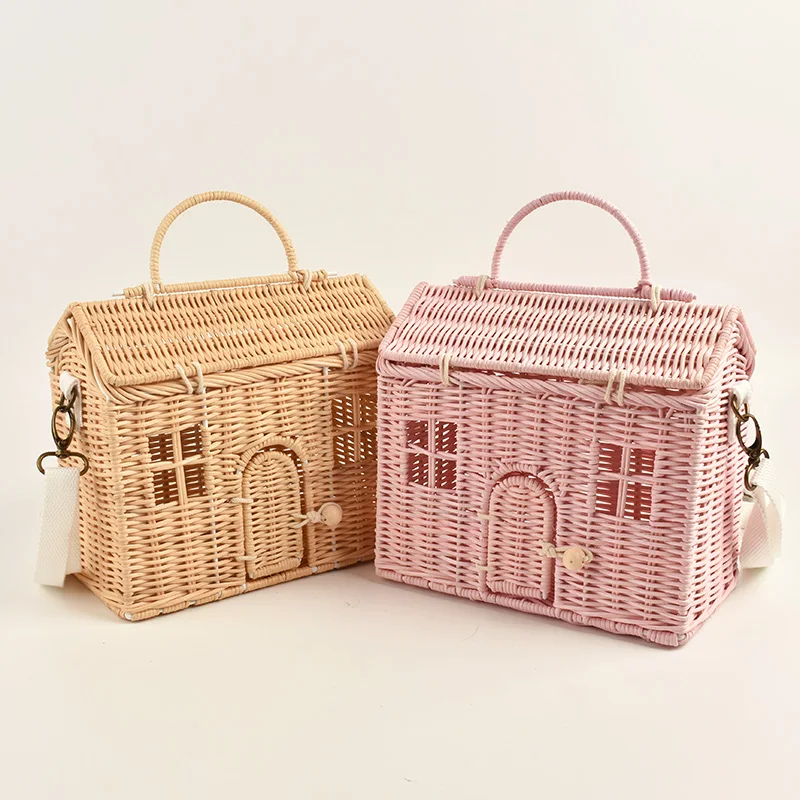 Creative House Shape Rattan Women Handbags Wicker Woven Shoulder Crossbody Bags Funny Summer Beach Straw Bag Handmade Travel Bag