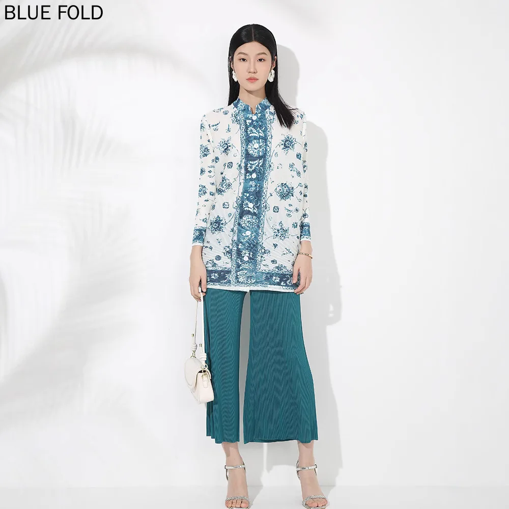 

MIYAKE Pleated Printed Wide-leg Pants Women Fashionable Elegant Stand-up Collar Top High-waisted Wide-leg Pants Two-piece Set