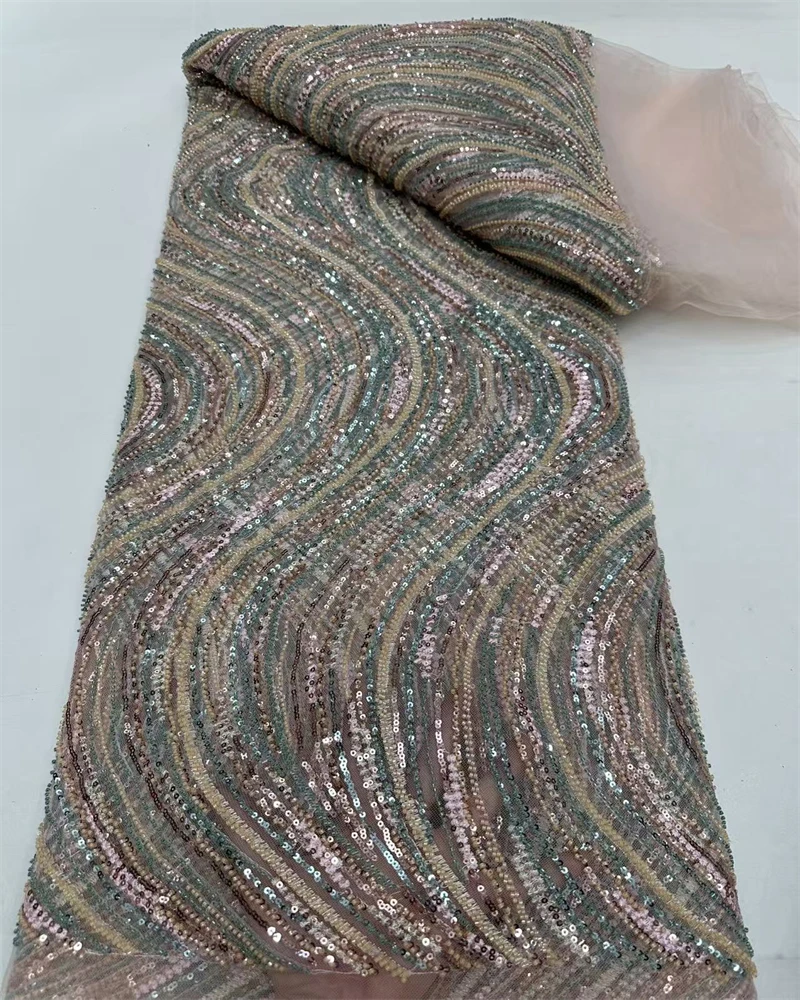 Fashion African Sequins Tulle Embroidered Groom Lace Fabric Beaded High Quality for Nigerian Wedding Dress