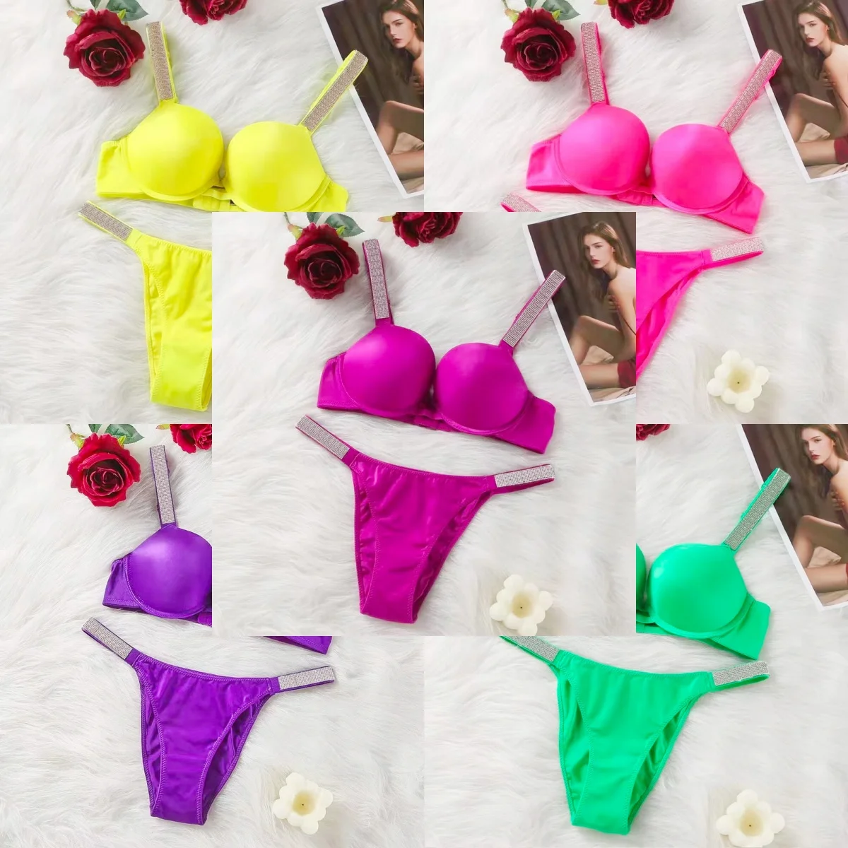 Womens Lace Underwear Panties Bralette New Sexy Bras Women Seamless Bra Set Luxury VS Letter Rhinestones Push Up Lingerie Set