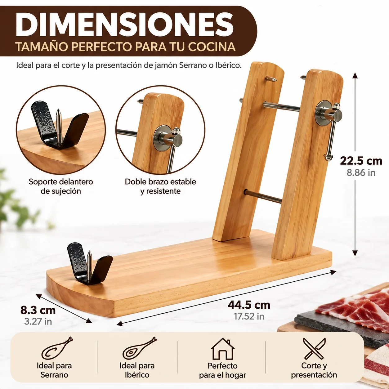 Fotografia 9: Suporte para presunto em madeira de pinho e aço inoxidável, com estrutura de braços duplos, para presuntos ibéricos e serranos. Base estável de 44,5 x 22,5 cm, ideal para cortes profissionais em casa.