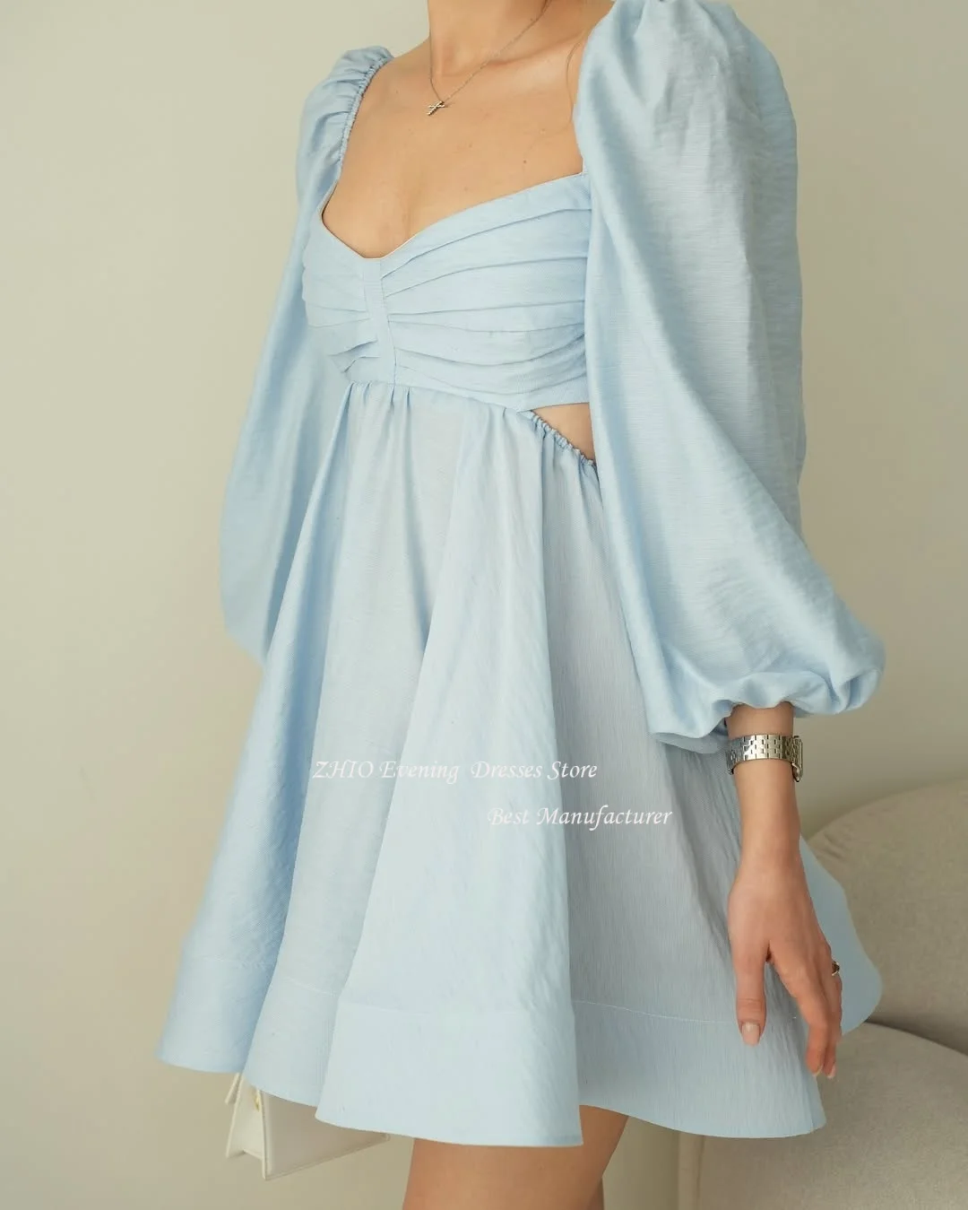 Zhi elegante uma linha de cetim mini-comprimento vestido casual com arco grande sem alças manga longa pregas vestido de festa de casamento personalizado