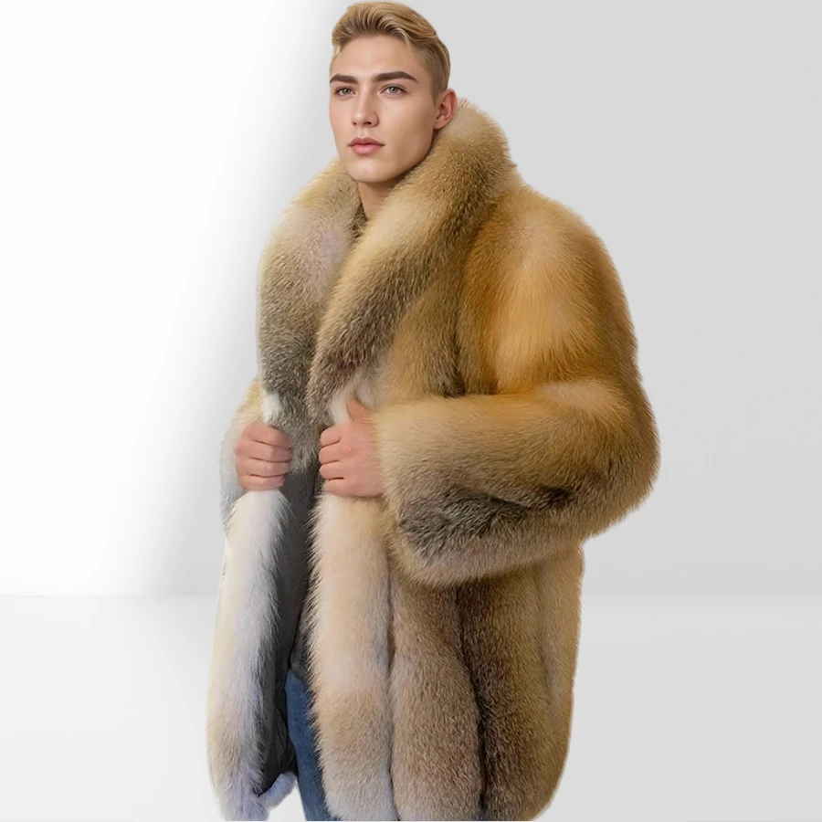 

Natural Fox Fur Coat Luxury Real Fur Coats Mens Long Warm Jackets Warm Turndown Outerwear Golden Island Fox