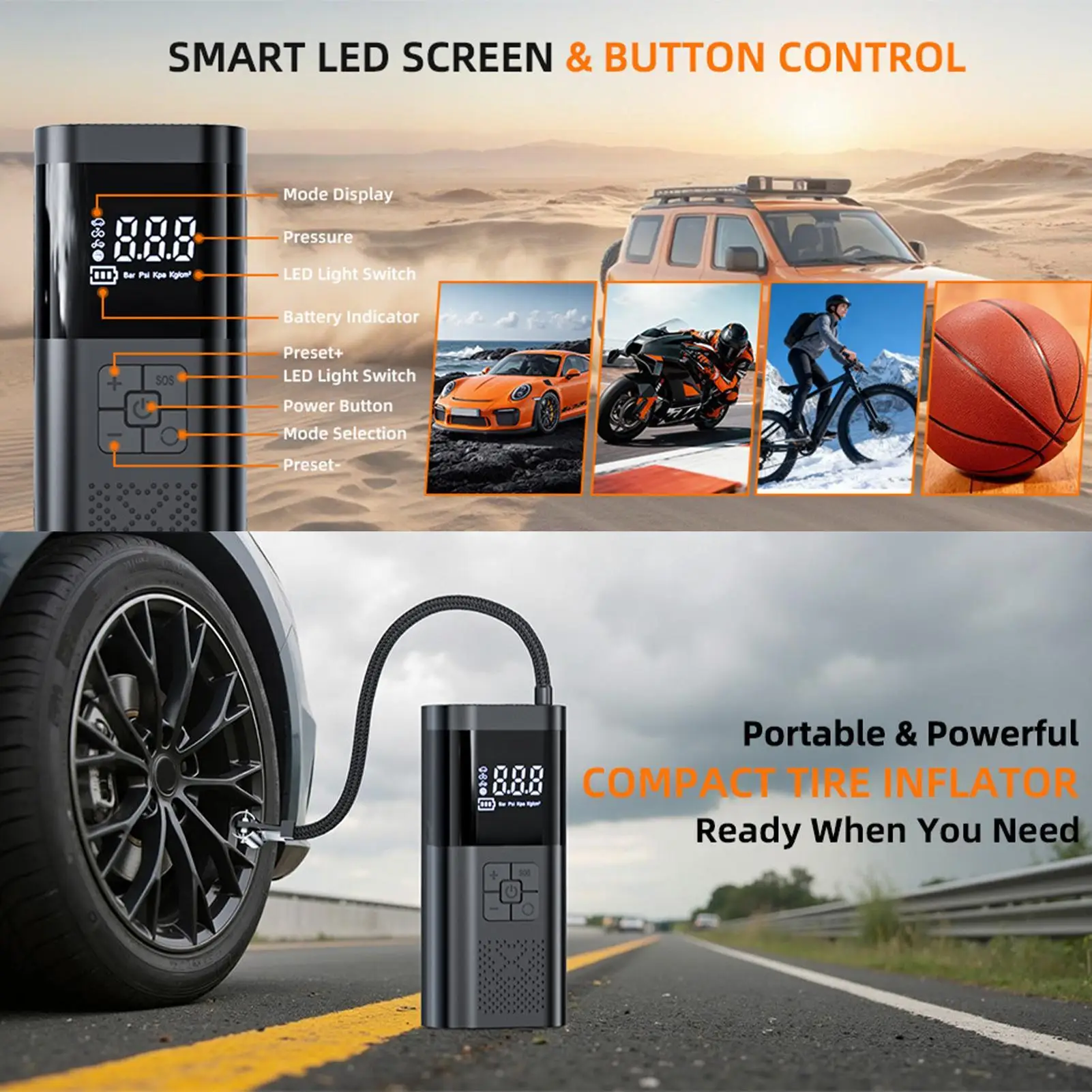 Portable Car Air Compressor 2 in 1150PSI Cordless Tire Inflator Pump with Digital Gauge for Car Motorcycle Bike Air Pump