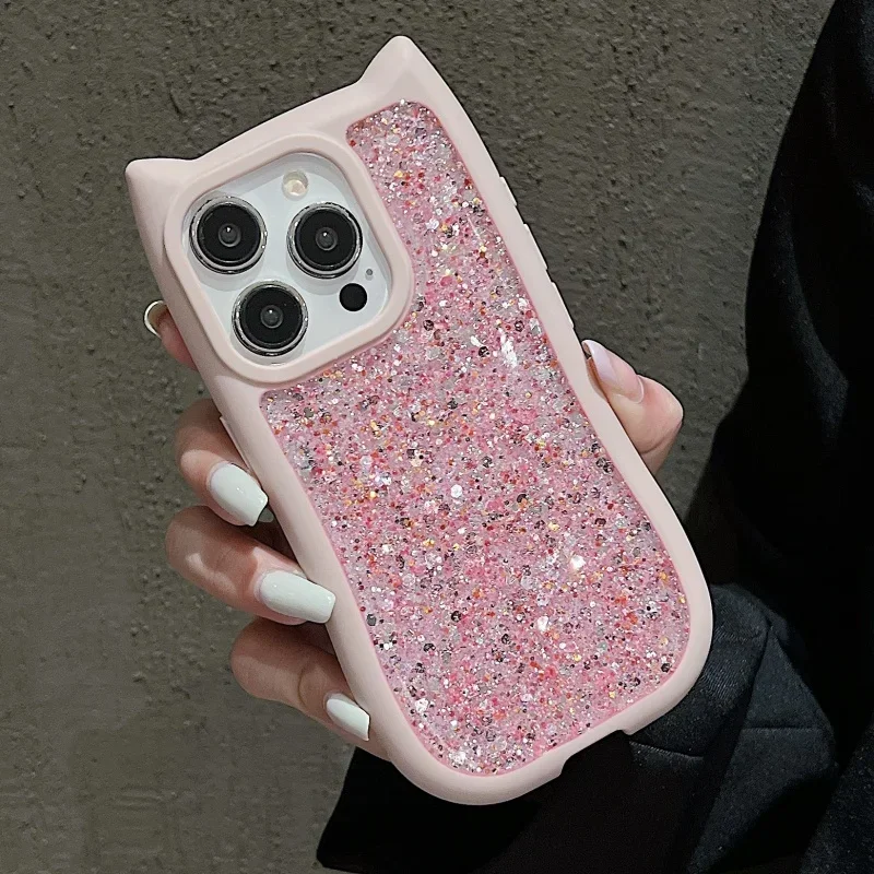 

Cute Cartoon 3D Cat Ear Glitter Sequins Soft Silicone Phone Case For iPhone TPU Shockproof Cover