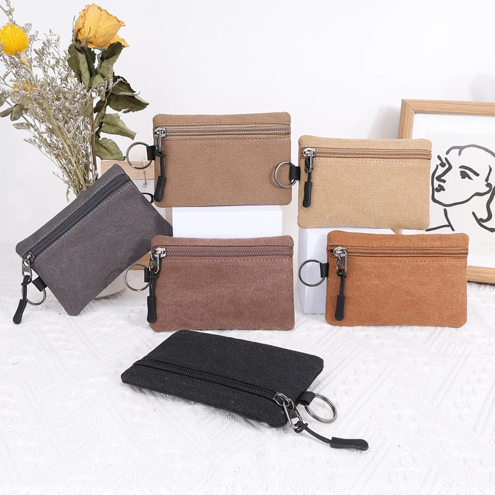 Women Small Coin Retro Card Purses Men Change Purses Canvas Mini Coin Wallet Bag Solid Color Zipper Key Bag Money Pocket Purse