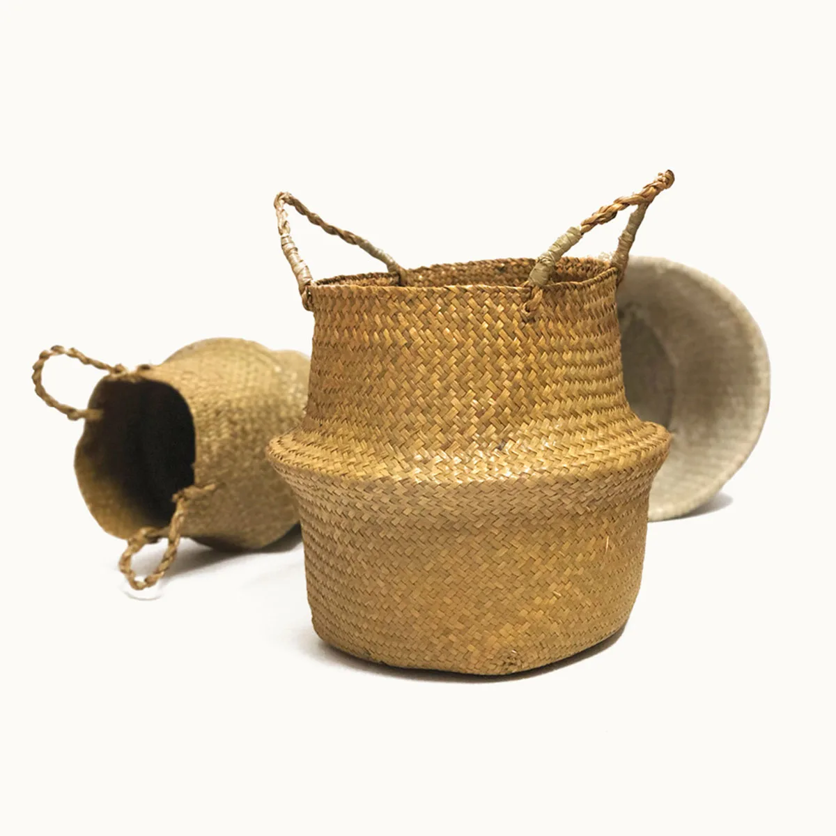 

Seaweed Storage Basket Foldable Handmade Woven Yellow Organizer for Clothes Quilts Babies Plants Home Decor Storage Basket