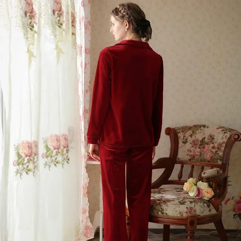 Women Velvet Two Piece Pajama Set Autumn Winter Long Sleeve Sleepshirts Trousers Nightwear Sleepwear Burgundy Red Velour Pyjamas