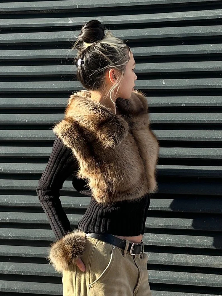 Roriri preto malha fuzzy camisola cardigan outono inverno zip up ponto punhos de pele do falso manga longa topo gyaru y2k roupas femininas