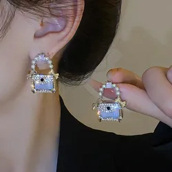 Jelly Color Square Bag Shape Stud Earrings for Women Personality Rhinestones Imitation Pearl Acrylic Purple Earrings Jewelry