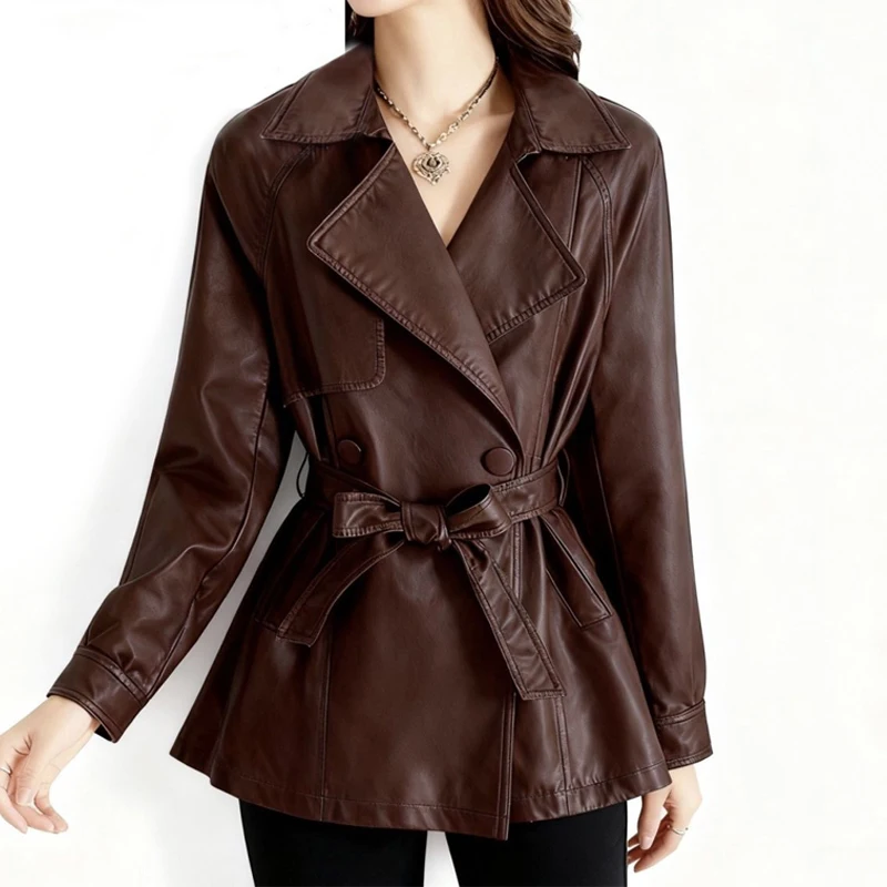 

Women's 2025 Autumn Mid-Length PU Leather Jacket Korean Style Slim Fit Versatile Vintage Biker Coat Fall-Winter Outerwear