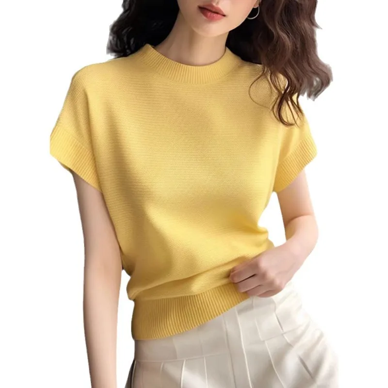 Pullover giallo a vestibilità ampia con stile pendolarismo e materiale in seta di ghiaccio traspirante per la collezione estiva da donna