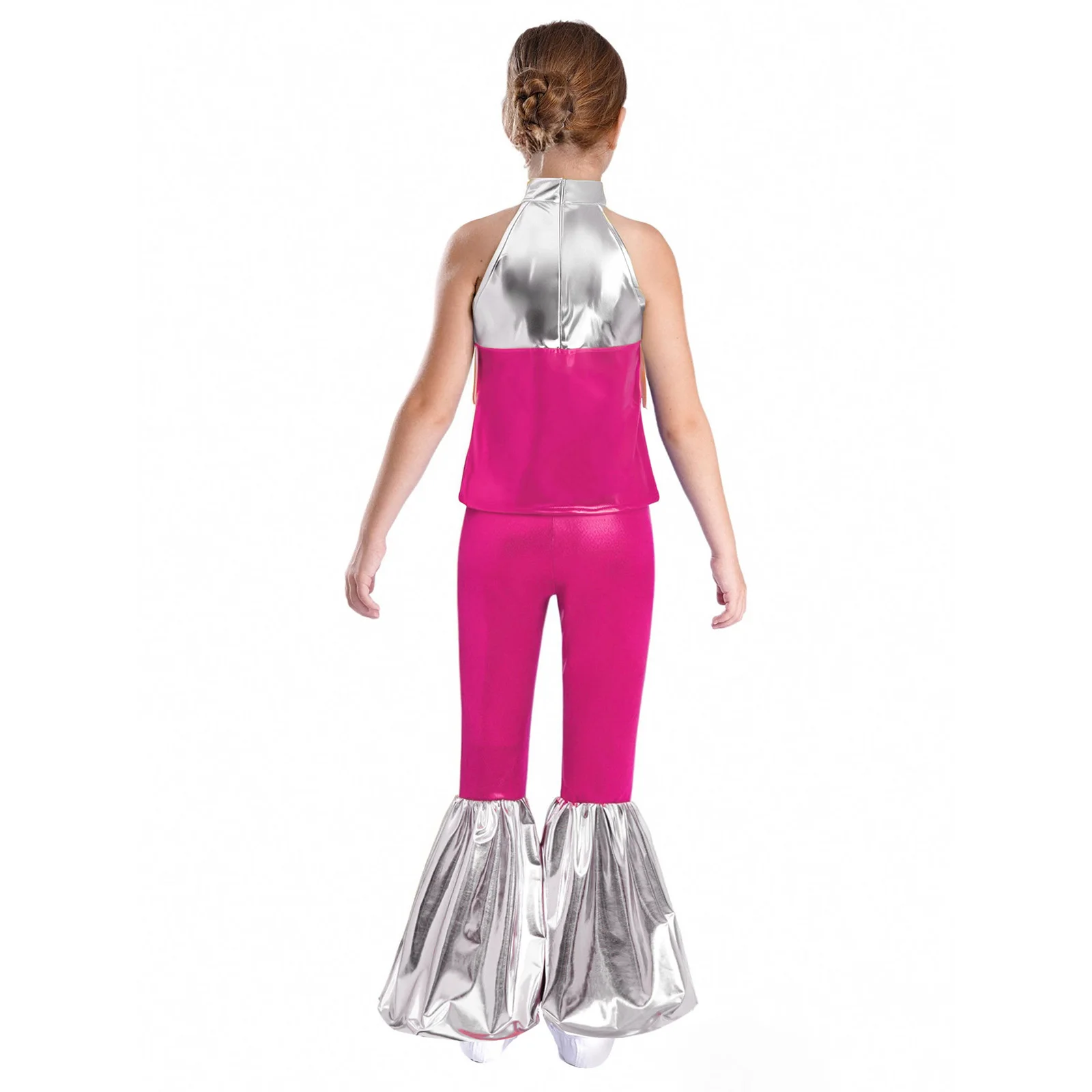 ชุดเต้นดิสโก้ยุค 70 สำหรับเด็กผู้หญิง เสื้อครอปท็อปประดับเลื่อมและพู่โลหะ + กางเกงขาบานทรงระฆัง ชุดเต้นแจ๊สสำหรับงานฮาโลวีนและงานคาร์นิวัล