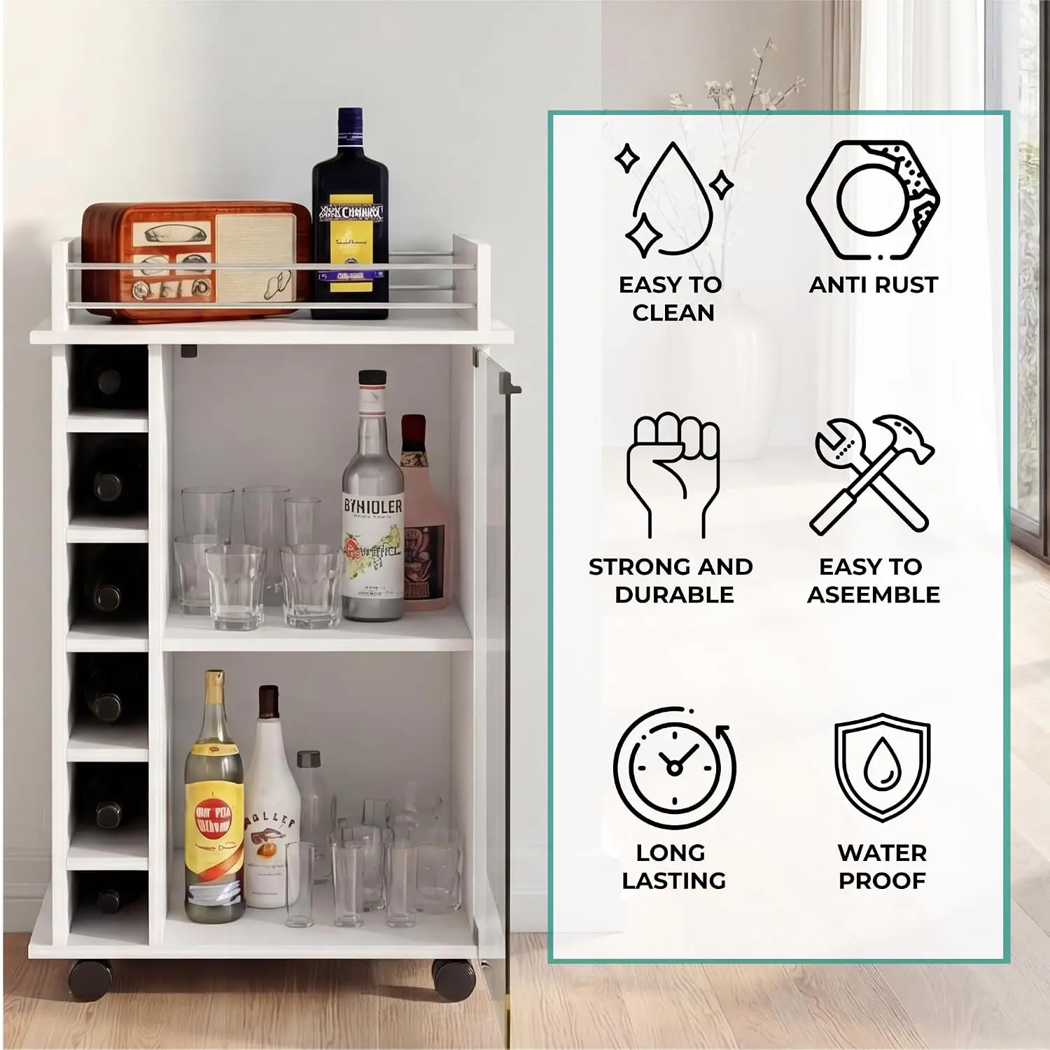 Bar Cart with Glass Door, 6 Wine Slots & Serving Shelf with Rail, Rolling Bar Cabinet, 21.6 x 16.3 x 35 in, White, Customized image 6