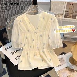 2023 Summer Elegant Sweet V-neck Floral Print Puff Sleeve Shirt For Women Causal Loose Fit Thin Blouses Basics Chiffon Tees Top