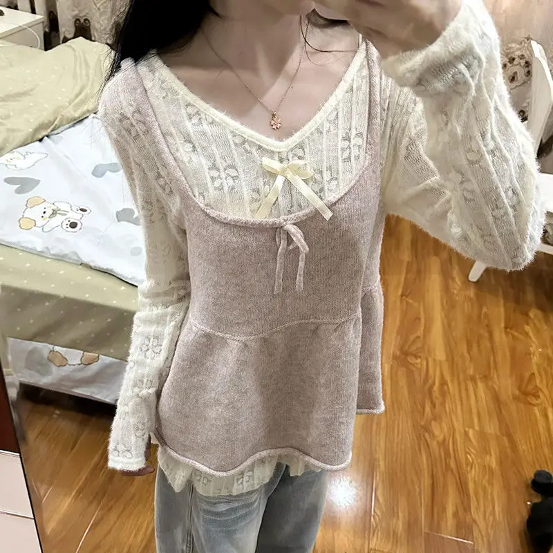 ชุดเซ็ตสองชิ้น เสื้อสเวตเตอร์ผู้หญิง สไตล์สาวหวาน โบว์น่ารัก ถักนิตติ้ง สไตล์เกาหลี คอวี แนวค็อกเก็ต