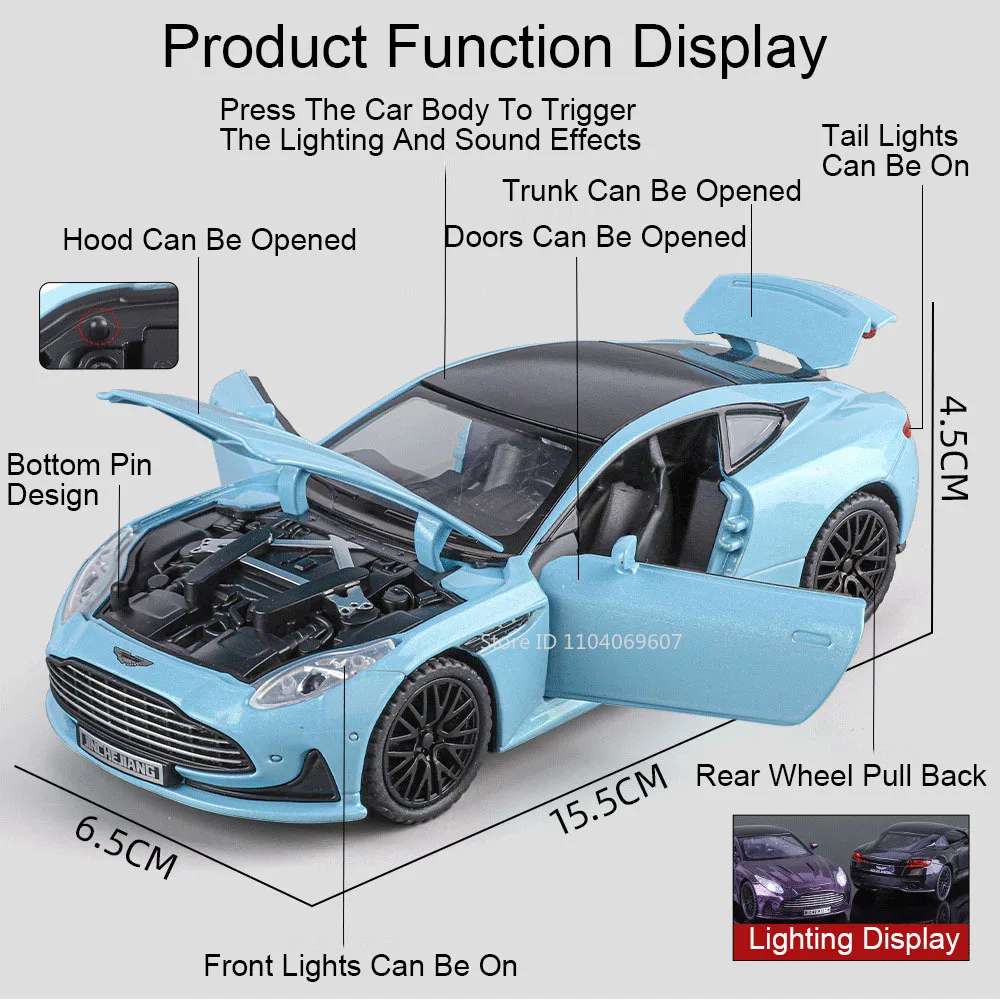 1:32 DB12 Miniature Sports Car Model Toys Alloy Diecast Vulcan Supercar Sound Light Doors Opened Pull Back Toy Cars Kids Gifts