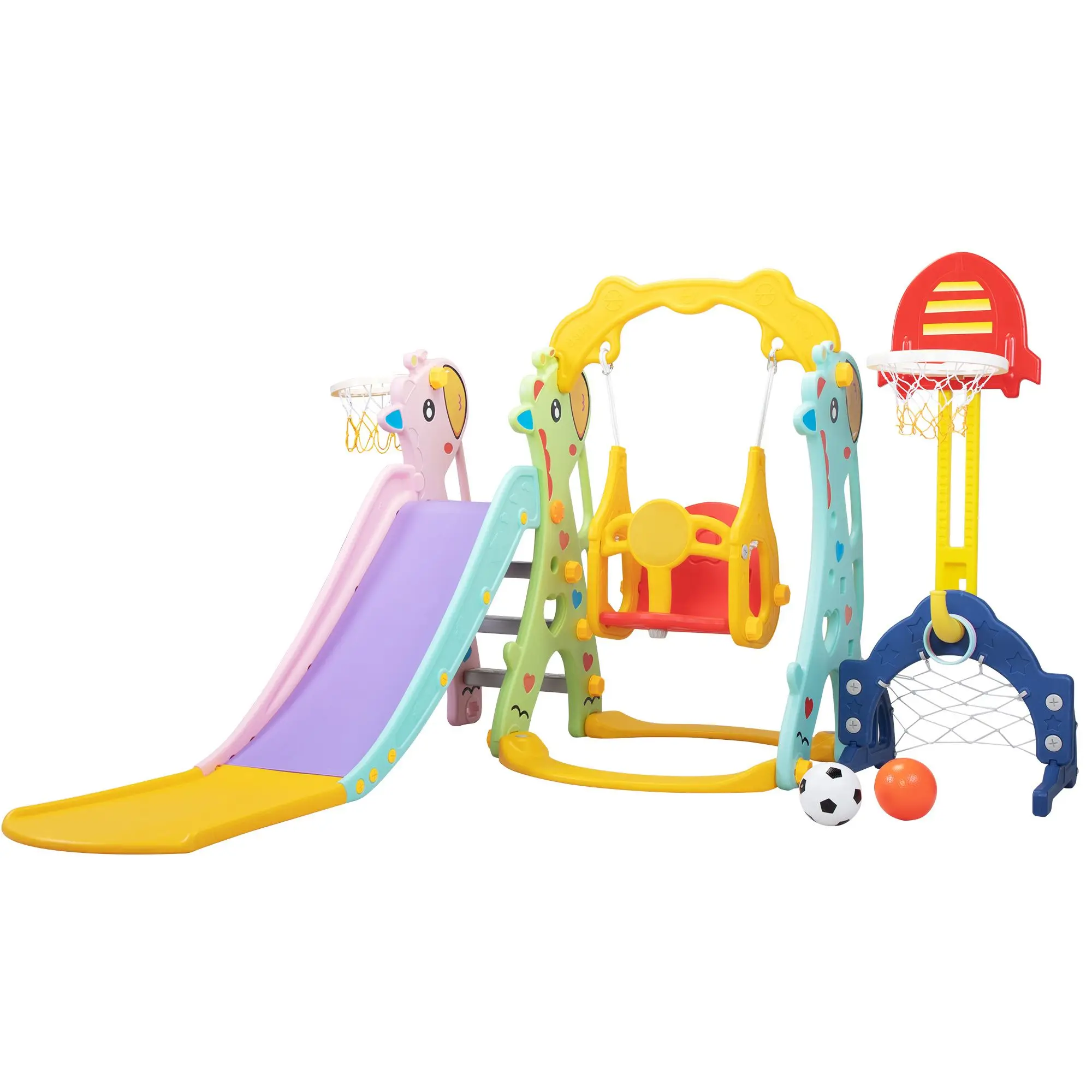 5 in 1 Slide and Swing Playing Set, Toddler Extra-Long Slide with 2 Basketball Hoops, Football, Ringtoss, Indoor Outdoor