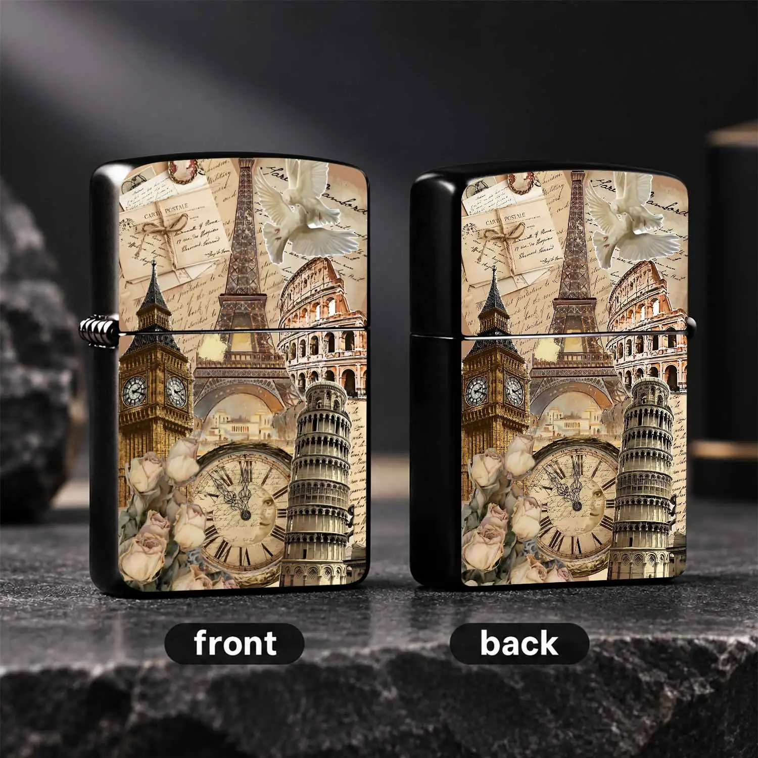 Vintage World Landmark Collage Lighter, Featuring Eiffel Tower Big Ben Colosseum Leaning Tower Of Pisa, Decorated With Dried Pale Roses White Doves Nostalgic Script Texture, Exquisite Aesthetic Retro Portable Accessory, Suitable For All Dai