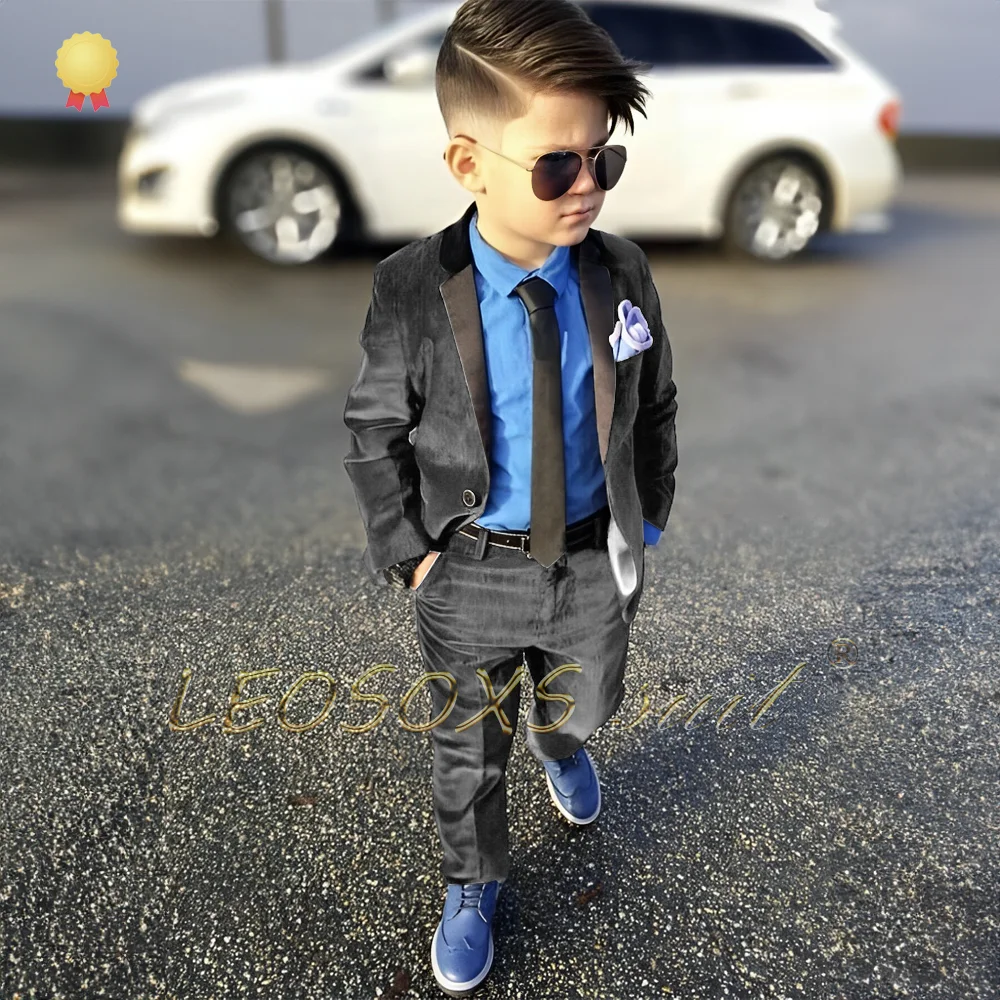 Children\'s black velvet suit 2-piece set, 3~16 years old boy wedding party celebration holiday celebration custom suit