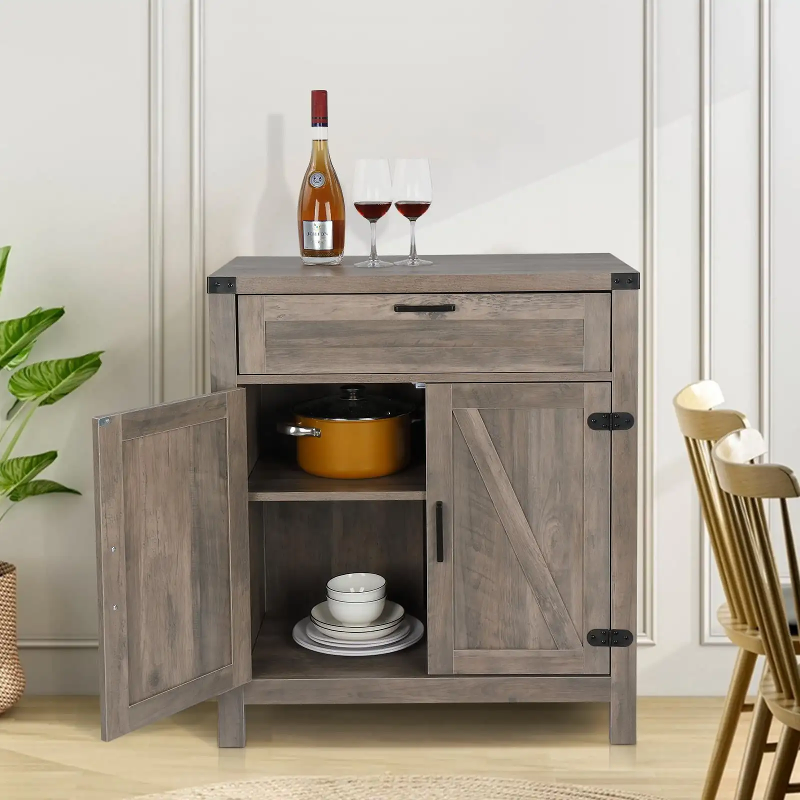 Door Farmhouse Sideboard, Storage Cabinet, with Drawer and Adjustable Shelf, Rustic Gray Living Room Cabinets