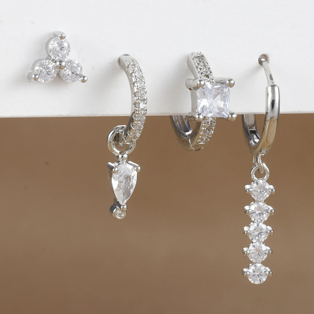 4PCS Simple Crystal Zirconia Square Dangle Earrings Set For Women Korean Stainless Steel Pendant Stud Earring Piercing Jewelry