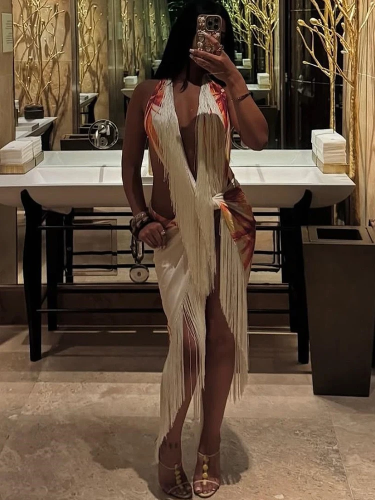 Cutenew タッセル 2 点セット女性セクシーな Y2K ノットラップホルターバックレスキャミソール + スプリットスカート誕生日ミッドナイト休暇クラブウェア