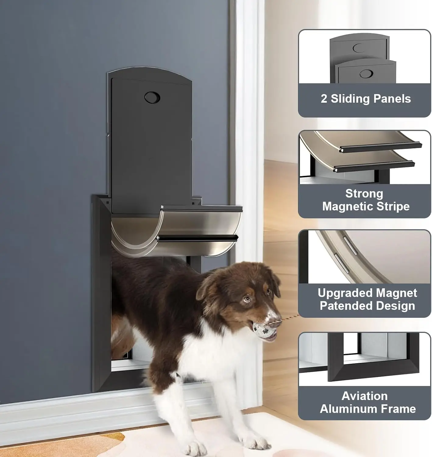 Wall-Mounted, Aluminum Frame, Black, Energy Efficient Double Magnetic Flaps Dog Door