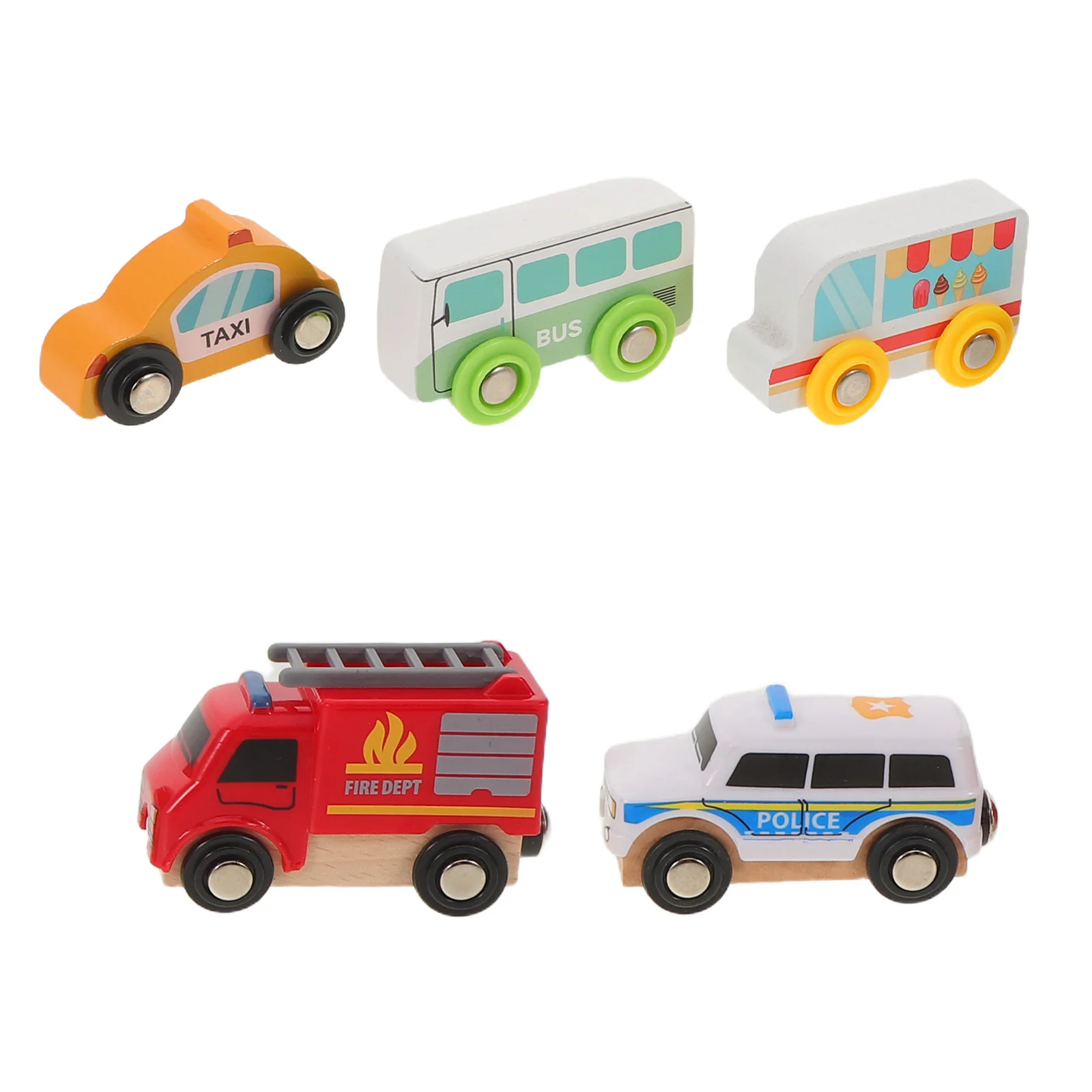 รถไม้สำหรับเด็กเล็ก 5 คัน: ชุดยานพาหนะเพื่อการศึกษา พร้อมรถขายไอศกรีม รถดับเพลิง รถตำรวจ รางรถไฟ เข้ากันได้กับเด็กๆ
