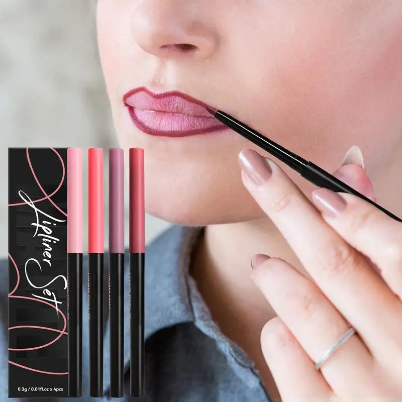 4 pçs conjunto de lápis delineador labial fosco nu contorno lipliner lápis batom à prova dwaterproof água longa duração batom caneta maquiagem labial cosméticos