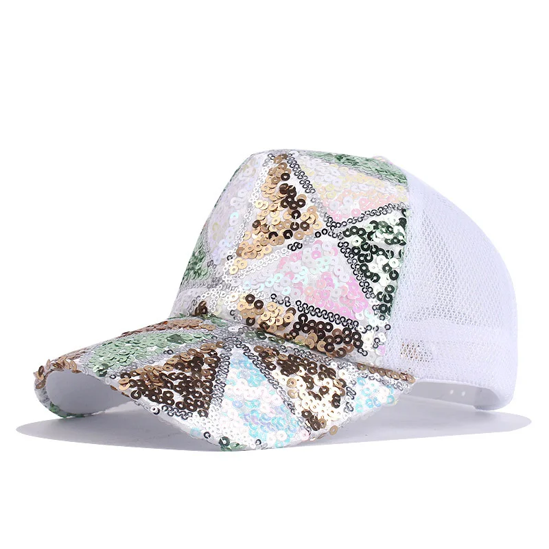 Adjustable Glitter Mesh Trucker Baseball Cap Sequins Embroidery Hats for Women and Teenager Girls Snapback