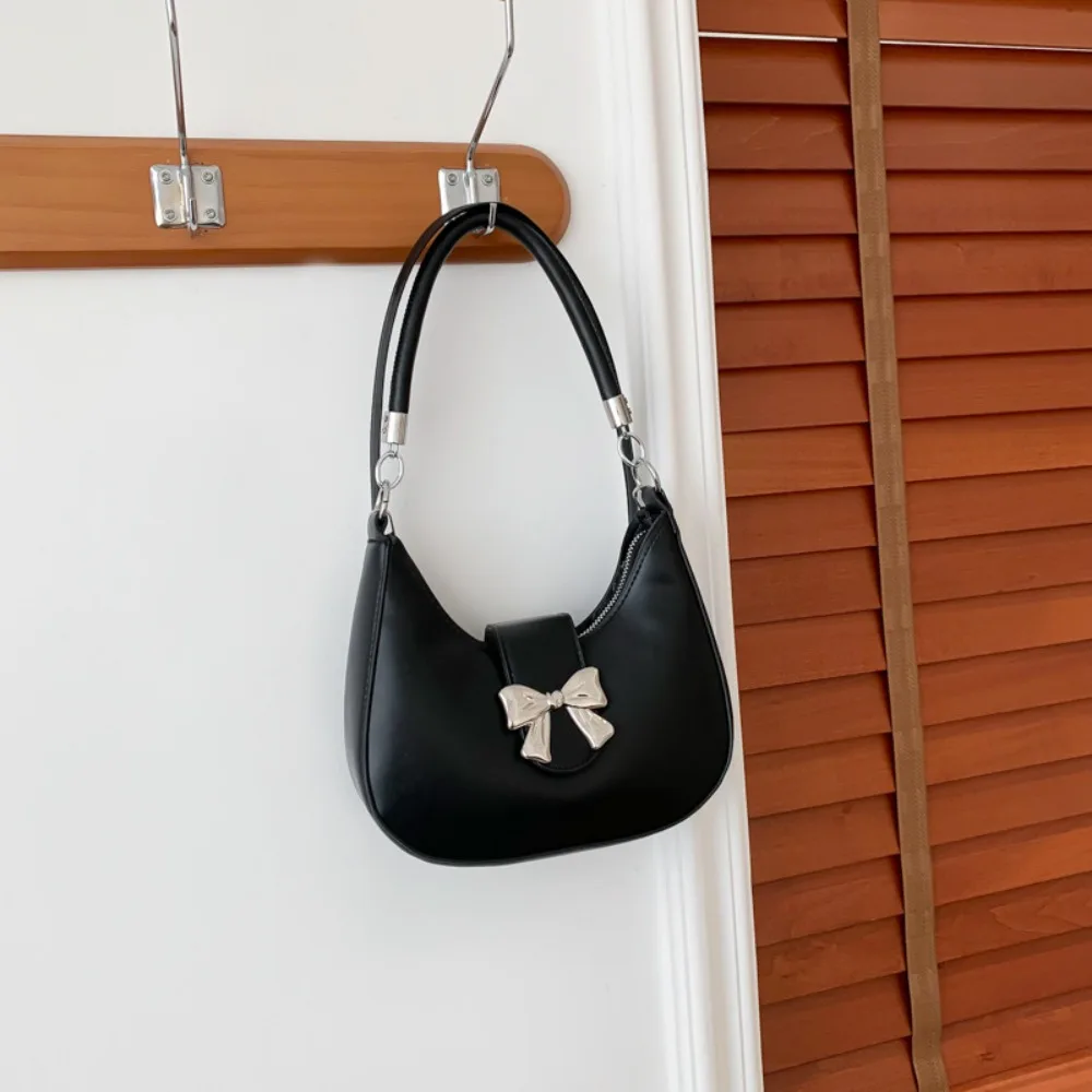 

Portable Y2k Style Bowknot Crossbody Bag PU Leather Bow Dumpling Shoulder Bag Korean Style Underarm Bag Half-moon Handbag Travel