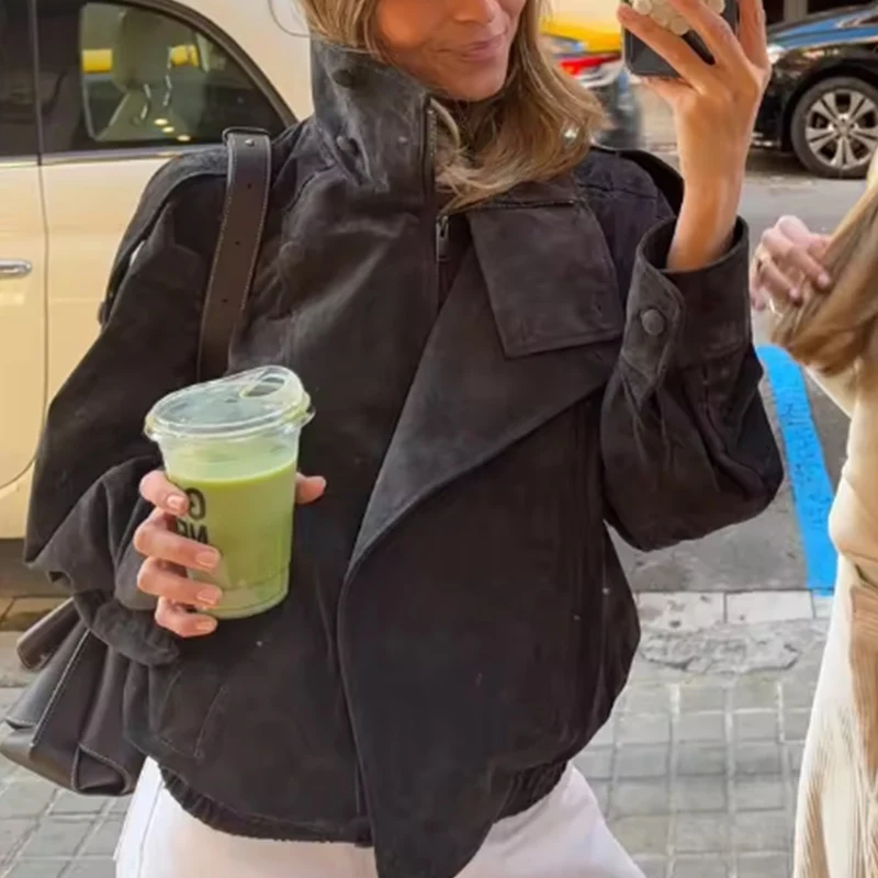 Chaqueta de Mujer 2026, Nueva Moda Primavera, Chaqueta Estilo Motociclista de Manga Larga, Color Chocolate Oscuro, Prenda Exterior Chic y con Personalidad para Damas
