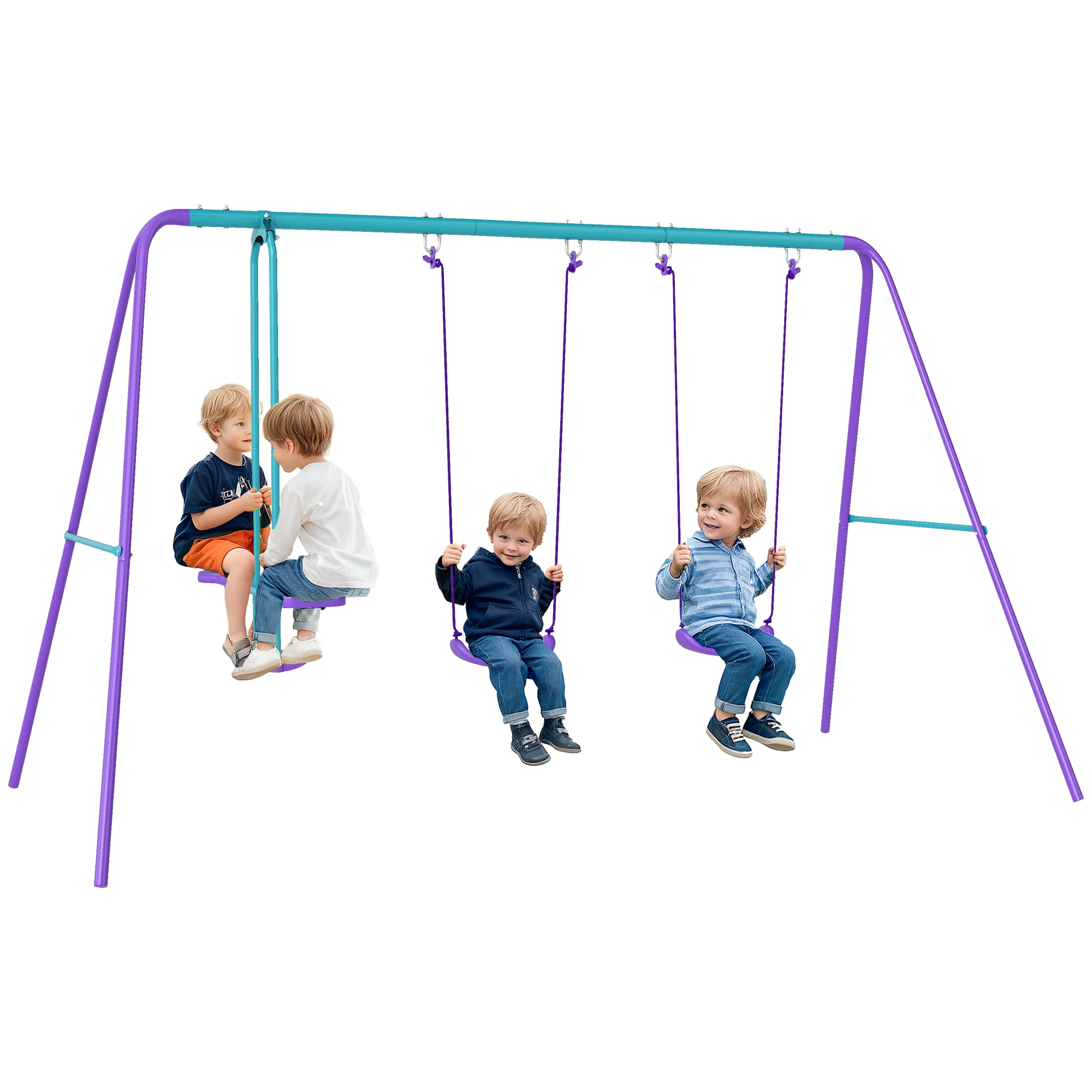 Outsunny  Juego de Columpios de Jardín de Metal con Altura Ajustable 2 Columpios y Balancín 280x140x176 cm Morado y Azul