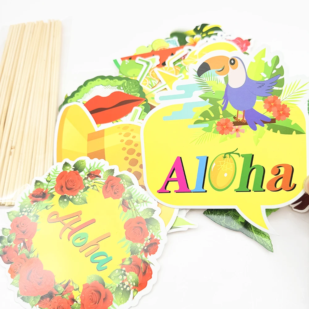 33pcs/lot Hawaiian party photo props aloha flowersflamingo hat on a stick photo booth props summer beach party decorations