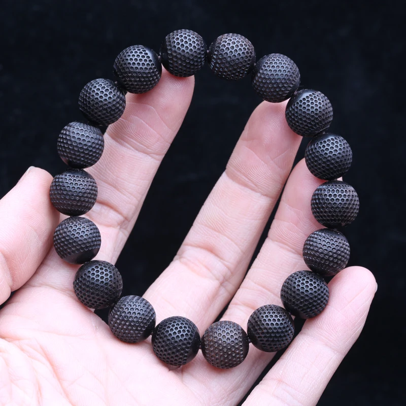 Natural ebony 20mm wood bead Bracelet Men\'s beaded carved black Good luck stretch bracelet