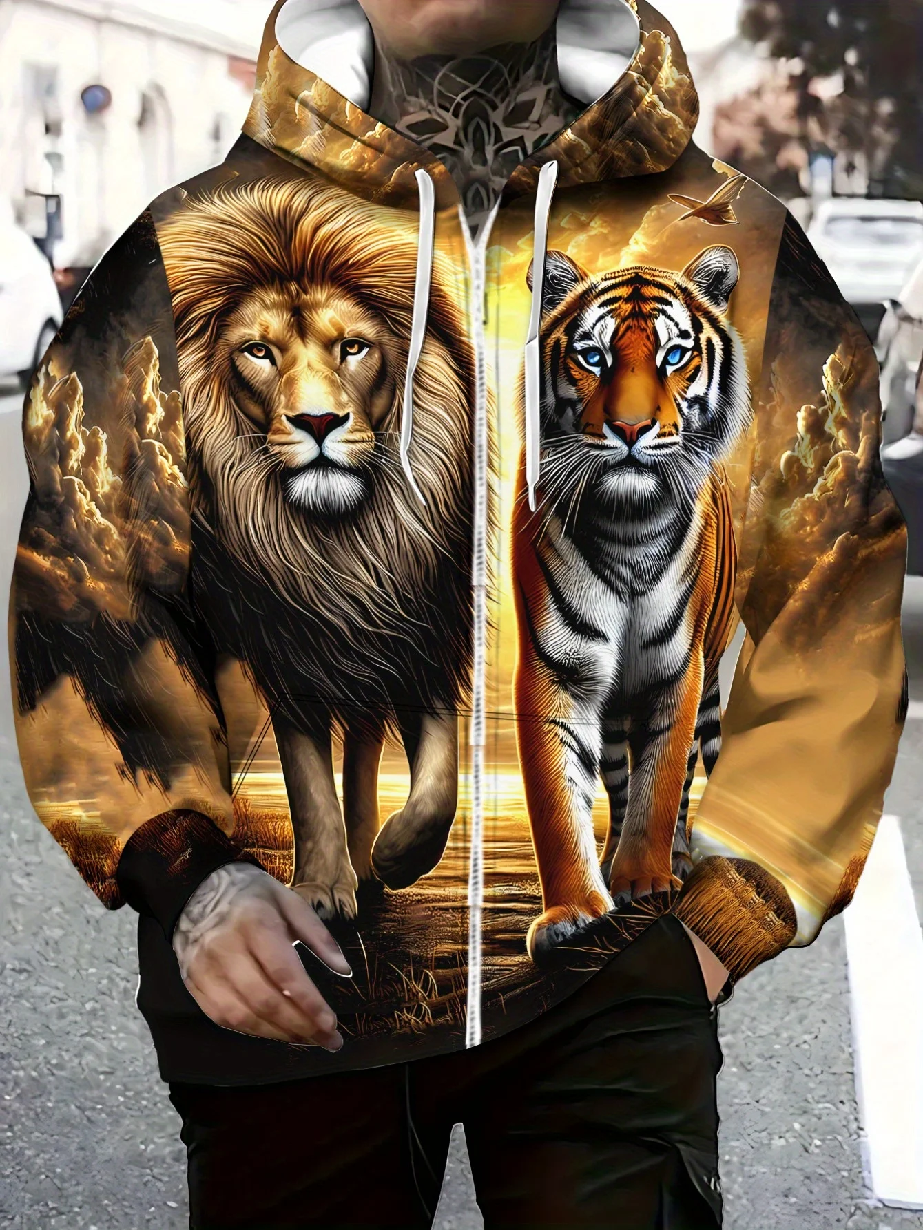 Moletom com capuz com zíper para homens com estampa de leão e tigre para uso em sala de estar, cores laranja e marrom vibrantes, leve e durável