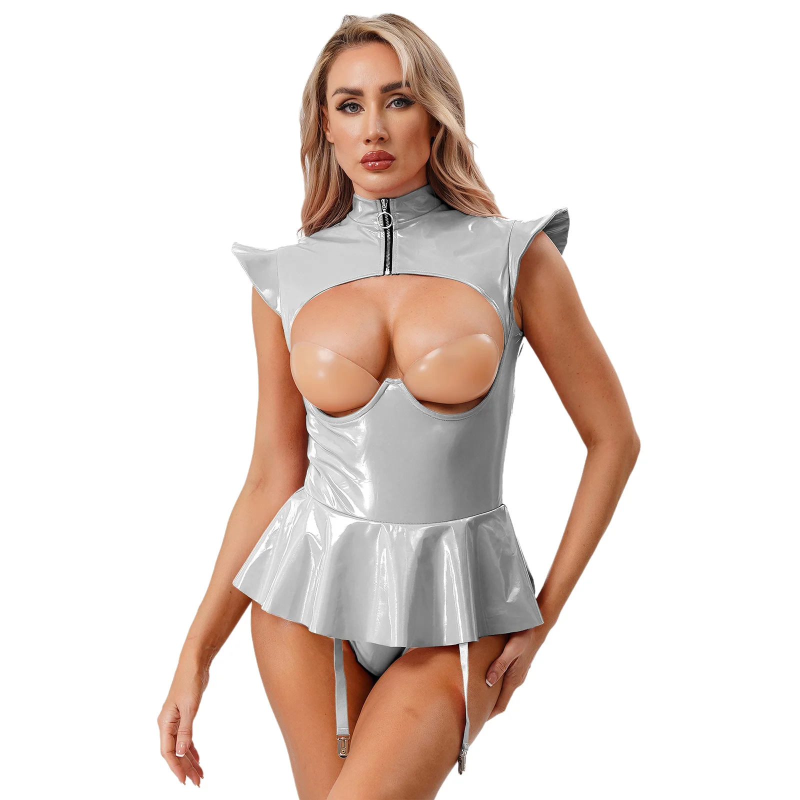 

Women Lingerie Chest Hollow Out T-back Bodysuits Adult Couple's Temptation Pajamas Ruffled Hem Garters Jumpsuit Erotic Nightwear