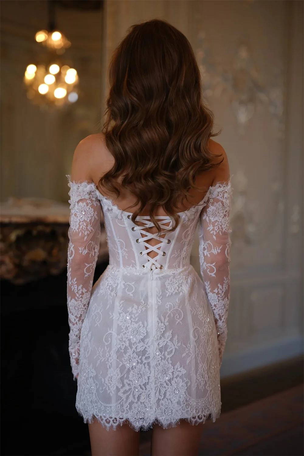 Tokyo Customized White Off the Shoulder Wedding Dresses Lace Long Sleeve Back Lace-Up Bridal Gowns Flower Mini Wedding Gowns