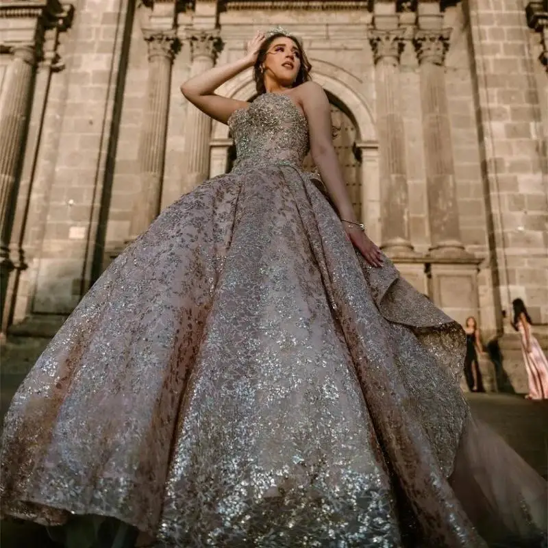 Vestido de Quinceañera de princesa de oro rosa brillante, vestido de baile con lazo, apliques de purpurina, cuentas de cristal, dulce 16, baile de graduación